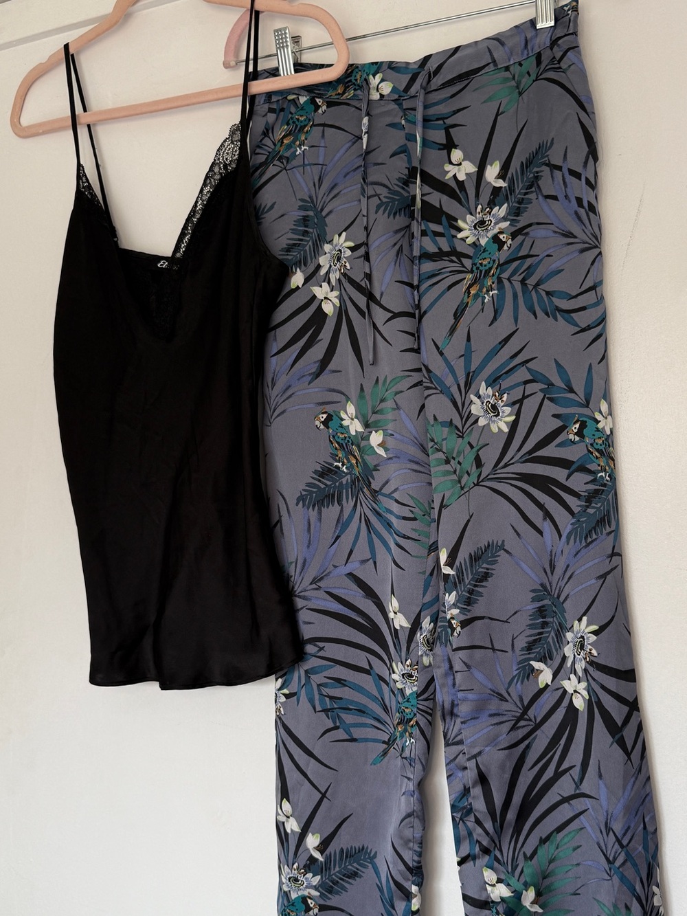 Etam Paris Black Lace Cami & Tropical Print Satin Pants Set